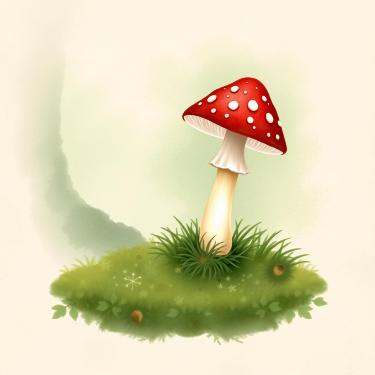A red-capped Amanita muscaria mushroom on forest moss